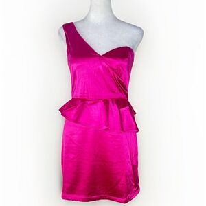 New LULUS Hot Pink Glam Satin Asymmetrical Ruffle Waist Mini SMALL Wedding Guest